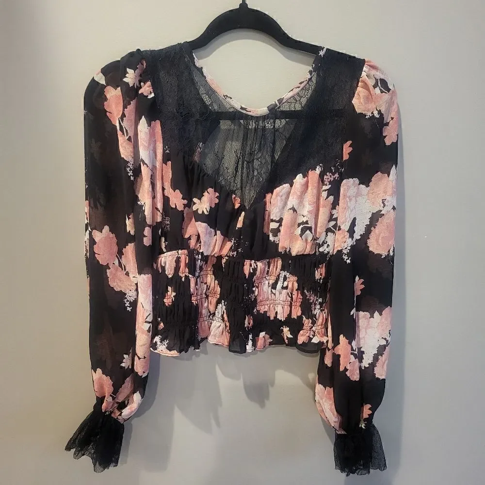 Free People Daphne Blouse Midnight Combo Small Black and Pink Floral